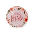 Floral Team Bride wedding badge with pink background and soft botanical border design - Pink Team Bride