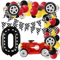 Racing car themed party set with red race car and tire foil balloons for boy's birthday - Racing Theme Number 0