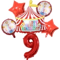 Detail set of circus theme foil balloons with tent, red number 9 and happy birthday prints - Circus Tent Number Nine Set