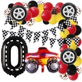 Racing theme party set with checkered flags, colorful balloons, and monster truck foil balloon - Number 0 Style