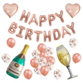 Detailliertes Set aus roségoldenen Geburtstagsballons mit Folienbuchstaben und Sektflaschen - Champagnerflasche Glas Luxus Kombination (Stil C)