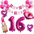 Kit decorazioni 16 anni rosa con palloncini in alluminio a forma di labbra, rossetto e cuore - Set 16° Compleanno Rossetto Labbra