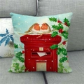 Housse de coussin en lin Noël avec rouges-gorges et boîte aux lettres sur sofa - Boîte aux Lettres et Deux Oiseaux sur Branche (23)