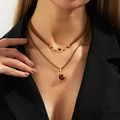 Detail of layered tiger eye stone pendants with gold chains and brown choker on model - Gold Leather Cord Double Layer Round Tiger Eye Necklace (06914)