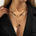 Three-layer vintage tiger eye stone necklace set with sun pendant in gold finish - Gold Triple Layer Vintage Tiger Eye Necklace Set (06927)
