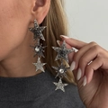 Elegantes pendientes colgantes vintage de estrella con flecos de plata y circonitas - Plata Antigua (0046)