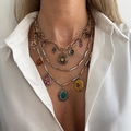 Bohemian multi-layer gold necklace featuring enamel flower pendants and purple gemstones - Bohemian Vintage Three-Layer Layered Style (06970)
