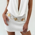 Detail of golden brushed metal circle waist chain on a white knitted dress for women - Brushed Round Metal Disc (02051) / Gold
