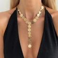 Detailed view of golden Y-shaped tassel necklace with brushed metal disc texture - Y-Shaped Long Necklace / Necklace-Gold(7639)