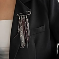 Silver safety pin brooch with tiered purple bead tassels on a black blazer - Silver Purple Bead Tassel Style (00348)