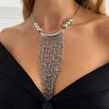Statement silver waterfall fringe necklace with beaded chains and metal tube for women - Long Chain Fringe Style / Silver (07583)