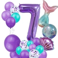 Detail of Mermaid 7th birthday balloon set with purple number seven and shell foil balloons - Mermaid Number 7 Style
