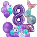 Mermaid 8th birthday balloon set with purple number 8, shell and fish tail foil balloons - Mermaid Number 8 Style