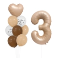 Number 3 caramel balloon set with champagne heart and birthday print latex balloons - Number 3