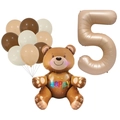 Zahl 5 Geburtstagsballon Set mit braunem Teddybär und cremefarbenen Latexballons Deko - Nummer 5 Stil (5085485450898)
