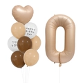 Caramel white birthday balloon set featuring champagne gold number zero and heart-shaped balloons - Number 0