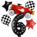 Set de ballons de course avec voiture rouge, cercles à damiers et chiffre 6 noir - Voiture de Course Texture de Route Nombre 6