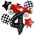 Set de ballons d'anniversaire course auto avec voiture rouge et chiffre 4 noir - Voiture de Course Texture de Route Nombre 4