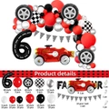 Racing party set with red race car, number 6 foil balloon, tire balloons and checkered flags - Racing Car Set Number 6