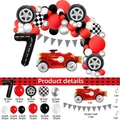 Racing car birthday kit with red car balloon, number 7, and checkered flags detail - Racing Car Set Number 7