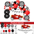 Race car balloon set detail with red car foil, number 8 balloon, and checkered party flags - Racing Car Set Number 8