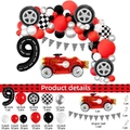 Racing party kit details showing number 9 balloon, checkered flags and latex balloons - Racing Car Set Number 9