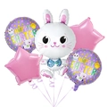Oster-Folienballon-Set mit weißem Hasen, Happy Easter-Rundballons und rosa Sternen - Rosa Großäugiger Hase Stil