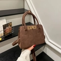 Borsa a mano vintage francese in pelle scamosciata marrone scuro con fibbia dorata - Marrone