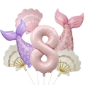 Detail view of pink number 8 mermaid foil balloons set with shells and fish tails - Matte Mermaid Shell Set 8 (Digit 8)