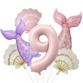 Detailed set of matte mermaid tail and shell foil balloons with pink number 9 balloon - Matte Mermaid Shell Set 9 (Digit 9)