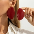 Close-up of irregular burgundy enamel earrings with gold edges worn by a female model - Gold Wine Red Irregular Oval Enamel Earrings (03861)