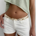 Close-up of golden hollow oval link waist chain styled with white denim shorts - Waist Chain 2067 / Gold