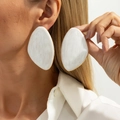 Elegant white marble resin geometric earrings with gold metal edges worn by a model - 01 Gold + White (3861)