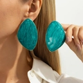 French vintage exaggerated earrings with green enamel and gold frame on model - Gold Cyan Green Quicksand Pattern Exaggerated Earrings (03861)