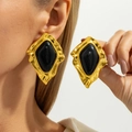 Vintage oversized gold irregular metal earrings with black diamond-shaped gemstones - Gold Pleated Metal Black Diamond Stud Earrings (03863)