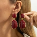 French vintage style earrings with deep red resin stones and gold tone metallic frame - Gold Deep Red Two-Stage Combined Exaggerated Pendant (03853)