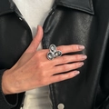 Chic silver cocktail ring featuring three oval gray acrylic crystals on hand - Silver Ring/Three Oval Grey Gems (00968)