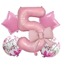 Pink number 5 foil balloon set with large bow and Happy Birthday butterfly patterns - Number 5 Birthday Kit