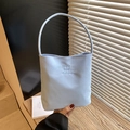 Minimalist light blue bucket bag with Hope and future embroidery on textured fabric - Blue
