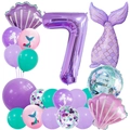 Détail du kit ballons sirène avec chiffre 7 violet et ballons en aluminium en forme de coquille - Sirène / Chiffre 7