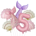Kit de ballons sirène mats avec coquillage, queue de poisson et chiffre 5 rose géant - Style Numéro 5 (Set Sirène Mate 5)