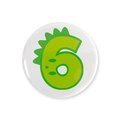 Close-up of a round cartoon dinosaur number 6 badge for children's birthday parties - Number 6