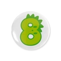 Detail of round tinplate badge featuring a green cartoon dinosaur number 8 on white surface - Number 8