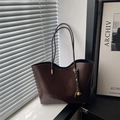 Coffee brown large leather tote bag with glossy finish and decorative gold charms - Coffee with Pendant