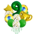 Detalle de globos de trofeo de fútbol y set de globos verdes con el número nueve - Decoración Fútbol Amarillo Azul Número 9