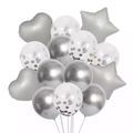 Silver party balloon set with heart, star, and confetti balloons for birthday decoration - Silver Star Heart Latex Confetti Balloons