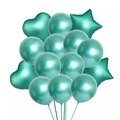 Close-up of metallic teal balloon bouquet with star, heart, and latex shapes on stands - Green Star Heart Latex Balloons