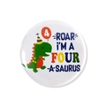 Runder Anstecker zum 4. Geburtstag mit grünem Comic-Dinosaurier und Geburtstags-Schriftzug - Zahl 4