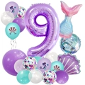 Detailed set of mermaid theme 9th birthday party balloons with tail and shell - Number 9