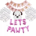 Kit décoration anniversaire chien avec bannière Lets Pawty, ballon chiot et ballons empreintes - Rose rouge